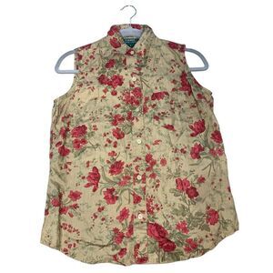 Lauren Ralph Lauren 100% Linen Floral Sleeveless Button-Down Small.